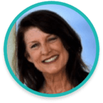 A woman with long dark hair smiling at the camera. She is framed within a teal circular border. The background appears to be a light blue.