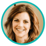 A woman with shoulder-length brown hair is smiling in a headshot framed by a teal circular border. She is wearing a light-colored top. The background is neutral.