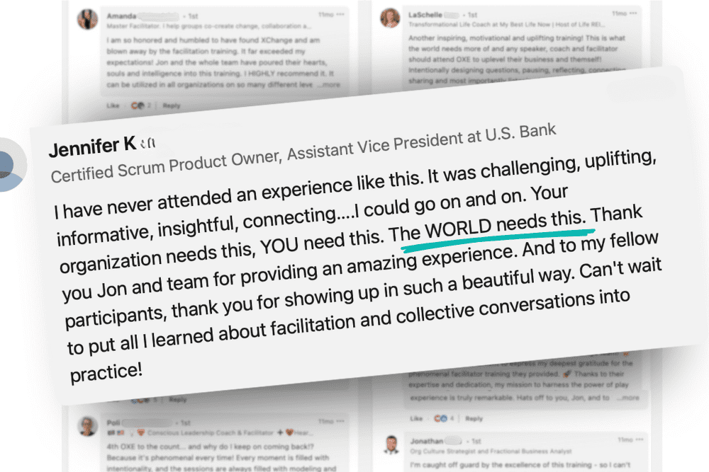 A testimonial from Jennifer K, titled "Certified Scrum Product Owner, Assistant Vice President at U.S. Bank," expressing positive feedback about an engaging class, mentioning gratitude and encouragement for future participants. Other blurry comments are in the background. A testimonial from Jennifer K, titled "Certified Scrum Product Owner, Assistant Vice President at U.S. Bank," expressing positive feedback about an engaging class, mentioning gratitude and encouragement for future participants. Other blurry comments are in the background.