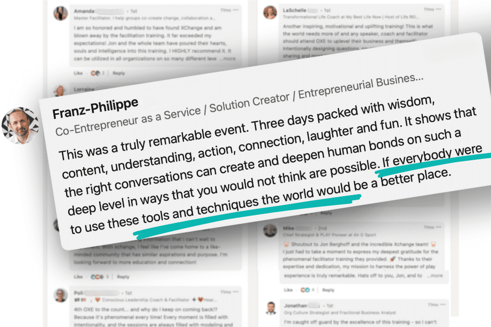 A blurred background shows several reviews and comments. In focus is a highlighted review praising an event, stating it was filled with wisdom, content, laughter, and conversations that fostered deep human bonds and understanding. A blurred background shows several reviews and comments. In focus is a highlighted review praising an event, stating it was filled with wisdom, content, laughter, and conversations that fostered deep human bonds and understanding.