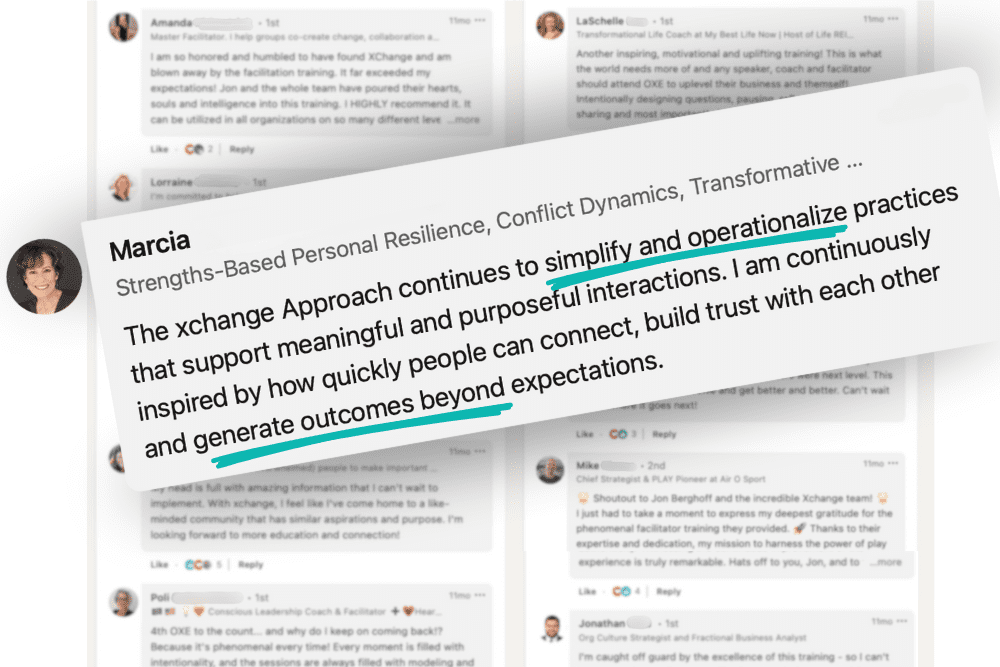 A close-up of a social media post by Marcia about the Xchange Approach. It discusses simplifying practices for meaningful interactions, building trust, and exceeding expectations. The post includes highlighted and underlined text segments. A close-up of a social media post by Marcia about the Xchange Approach. It discusses simplifying practices for meaningful interactions, building trust, and exceeding expectations. The post includes highlighted and underlined text segments.