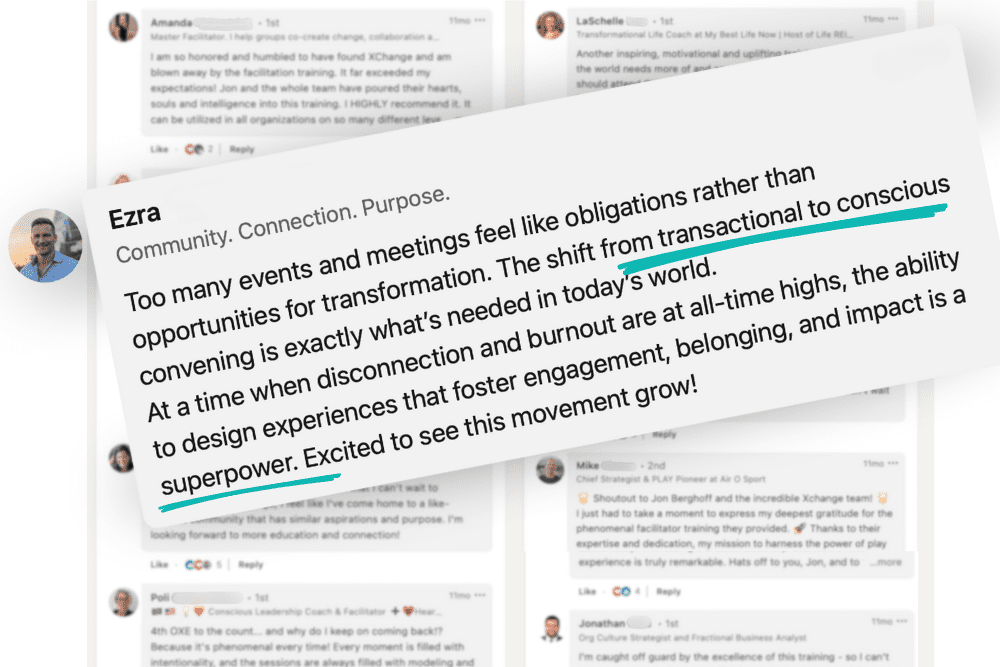 A blurred background shows a social media platform with several posts. In focus is a post by Ezra discussing the importance of shifting from transactional to conscious convening to enhance community engagement and belonging. A blurred background shows a social media platform with several posts. In focus is a post by Ezra discussing the importance of shifting from transactional to conscious convening to enhance community engagement and belonging.