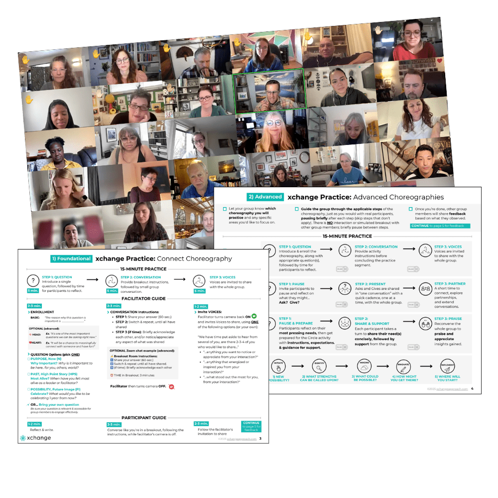 A collage showing a virtual meeting with many participants and two pages of guides titled "xchange Practice," featuring text, diagrams, and step-by-step instructions on facilitating group activities. A collage showing a virtual meeting with many participants and two pages of guides titled "xchange Practice," featuring text, diagrams, and step-by-step instructions on facilitating group activities.