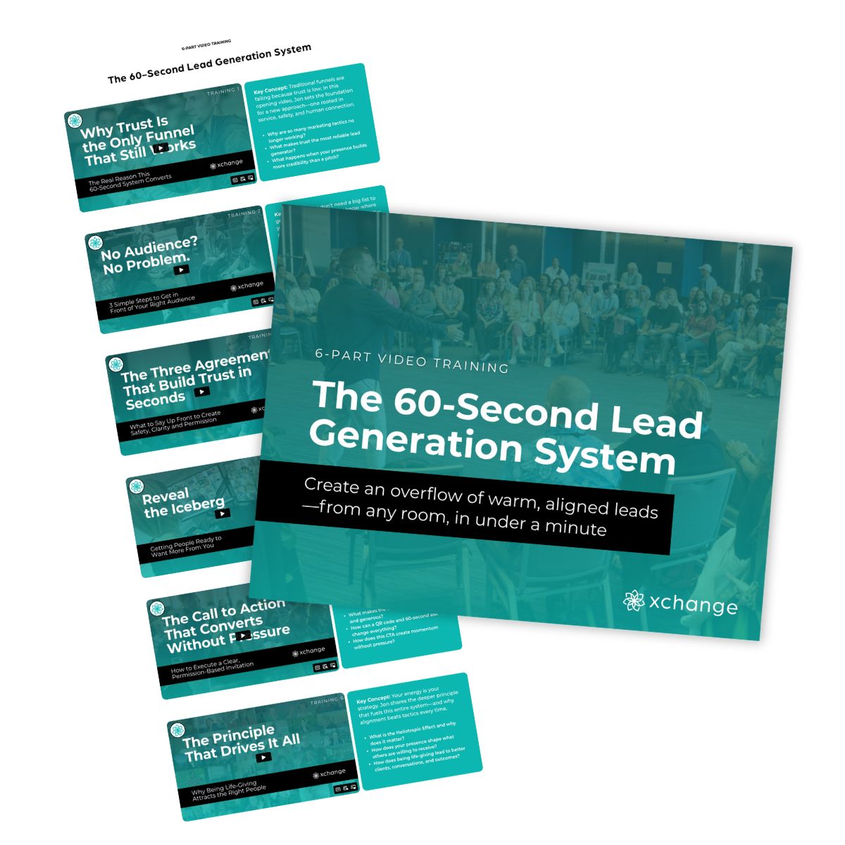 A promotional image for a 6-part video training called "The 60-Second Lead Generation System" by Xchange. Smaller slides list topics such as trust, audience, agreements, iceberg reveal, call to action, and key principles.
