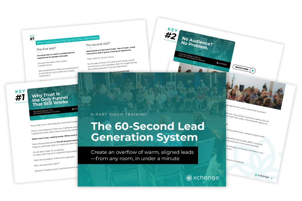 A set of marketing slides titled "The 60-Second Lead Generation System" by XCHANGE, featuring text about lead generation, trust, and audience, with a background image of people in a seminar or workshop setting.