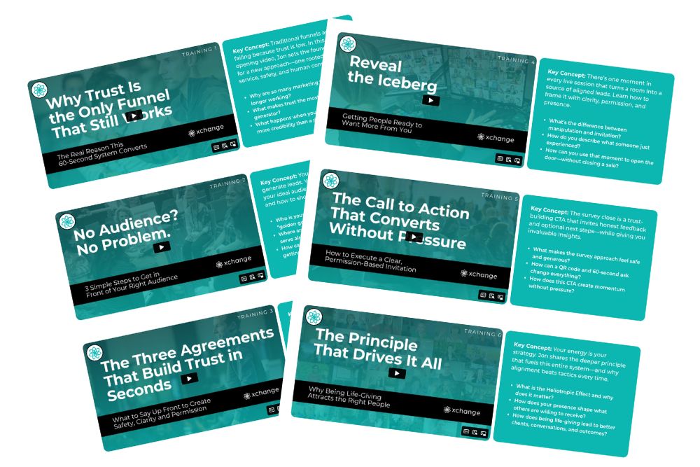 A set of seven teal and white cards with titles and text, featuring topics on trust, audience engagement, and effective calls to action for marketing or sales presentations. Each card includes a key concept summary.