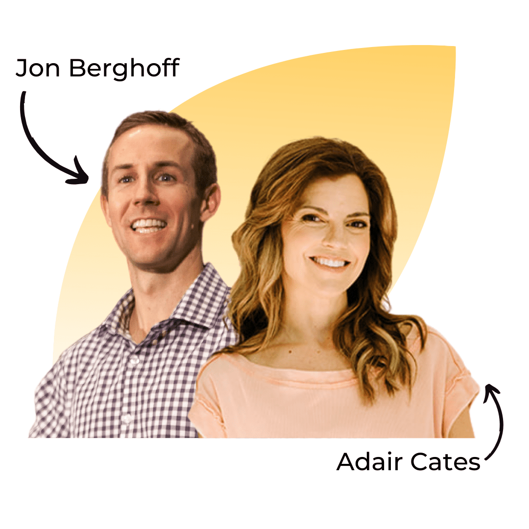 Two people in front of a yellow abstract background shape. A man in a checkered shirt is labeled "Jon Berghoff," and a woman in a light pink shirt is labeled "Adair Cates.