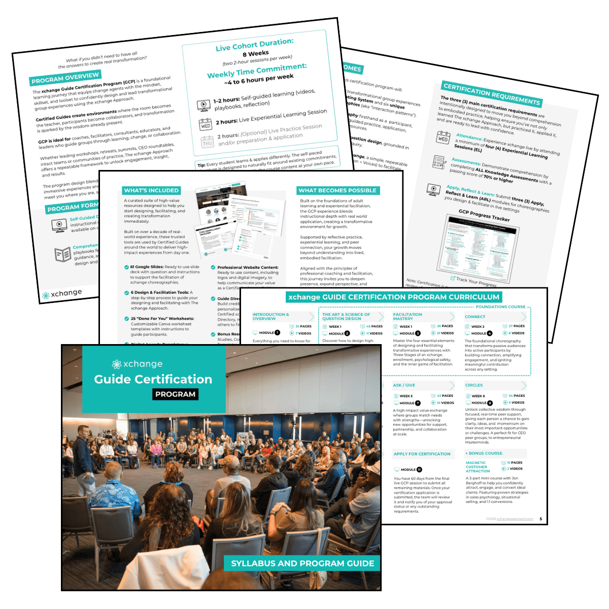 Five pages from the xchange Guide Certification Program material shown overlapping, featuring text, charts, schedules, course overviews, and a photo of people seated in a large group discussion.