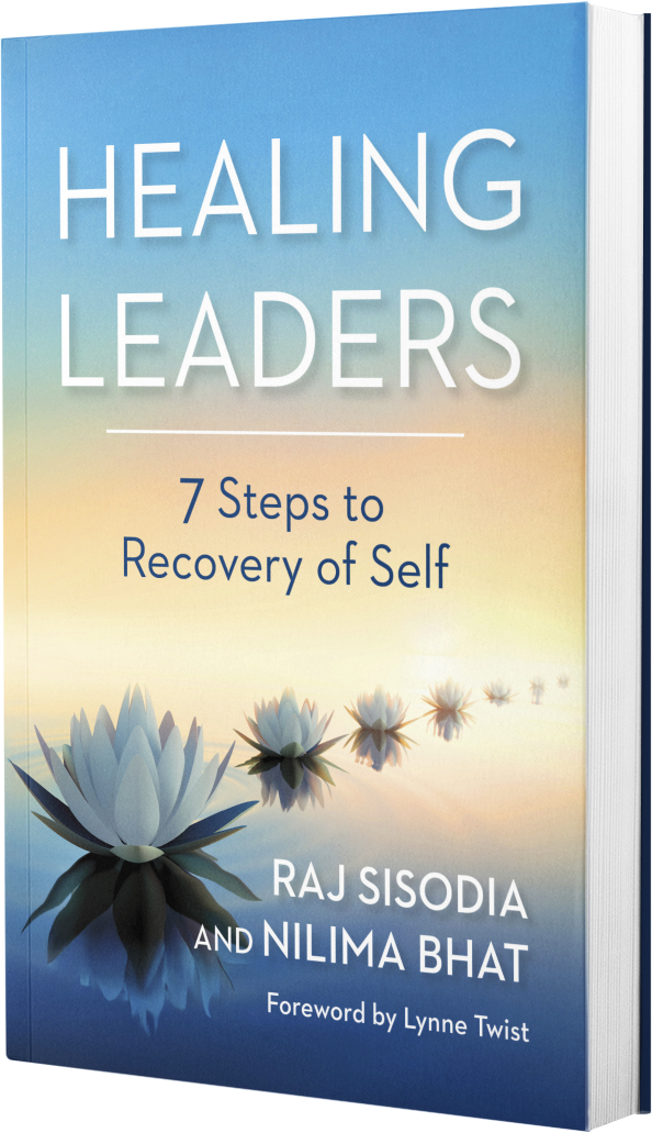 The book cover for "Healing Leaders: 7 Steps to Recovery of Self" by Raj Sisodia and Nilima Bhat features water lilies on a calm surface with a gradient blue and yellow background. The book cover for "Healing Leaders: 7 Steps to Recovery of Self" by Raj Sisodia and Nilima Bhat features water lilies on a calm surface with a gradient blue and yellow background.