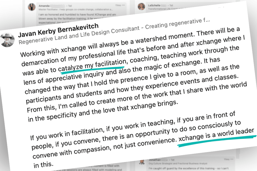 A screenshot of a social media post discussing experiences with "xchange," mentioning facilitation, guided inquiry, and describing xchange as a world leader. Certain phrases are underlined for emphasis.