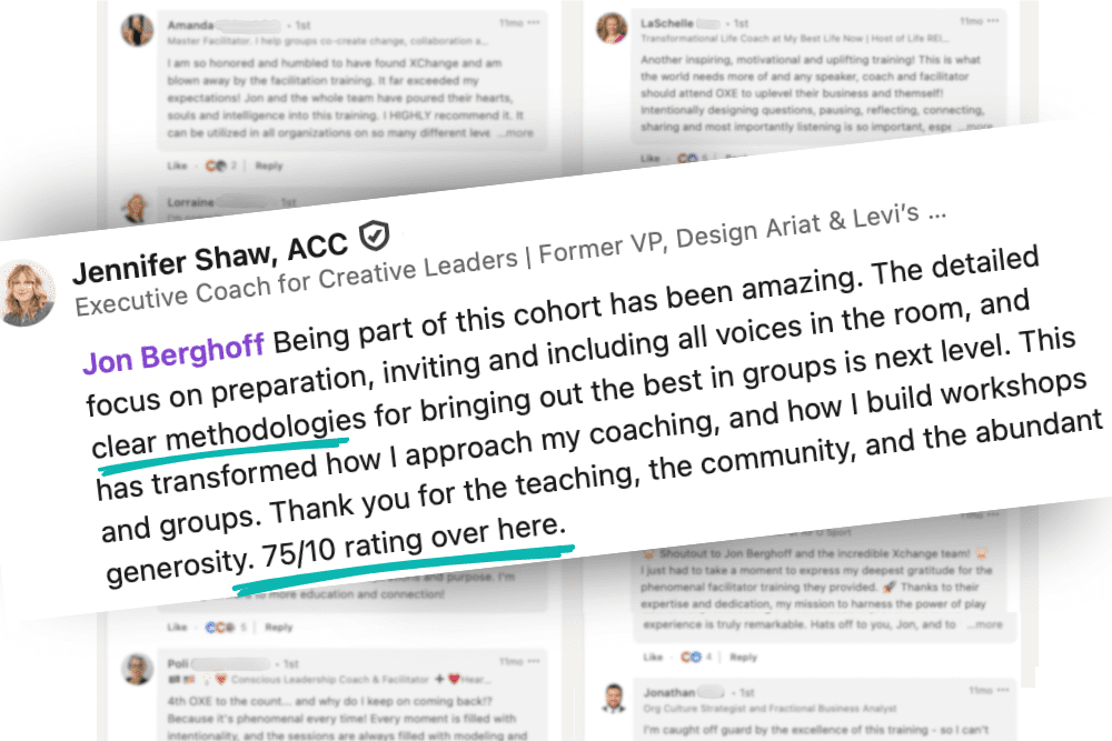 A testimonial from Jennifer Shaw praises Jon Berghoff for his teaching, noting how his methodologies improved her coaching and workshops. Key phrases are underlined, and a rating of 75/10 is mentioned. Other testimonials appear blurred in the background.