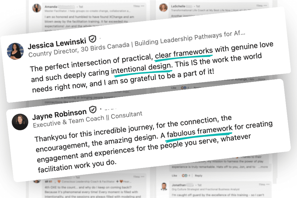 Two LinkedIn testimonial posts praise work involving "clear frameworks," "intentional design," and a "fabulous framework." Key phrases are highlighted, and user names, job titles, and profile images are partially visible.