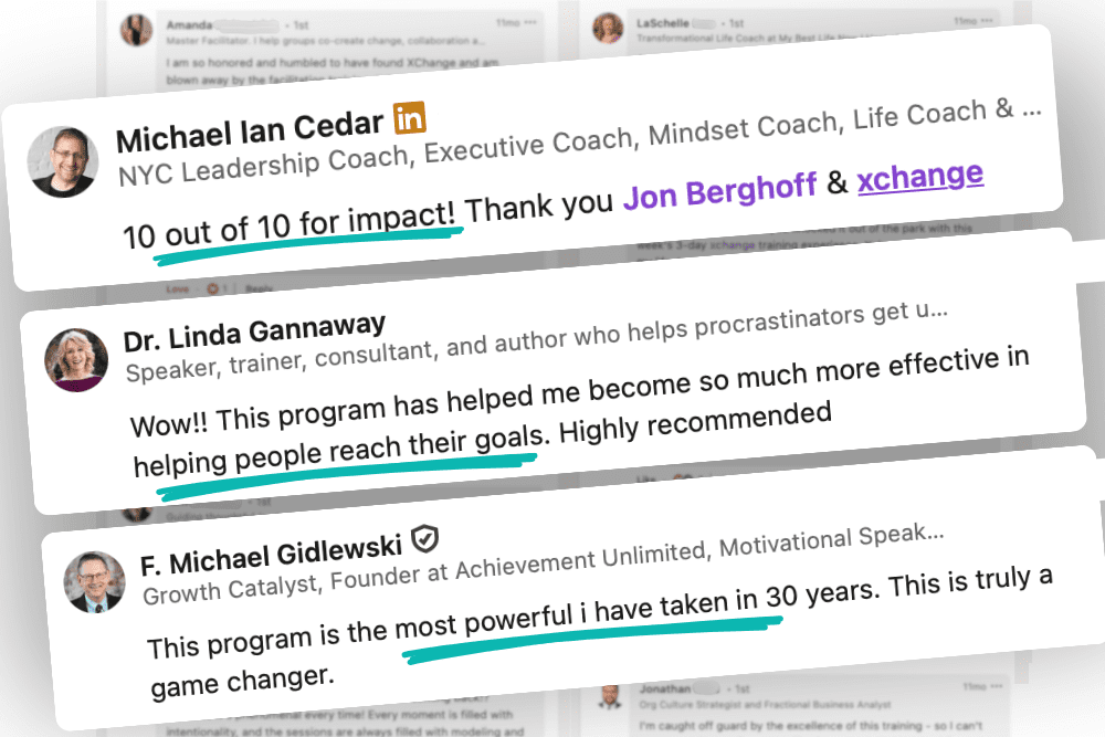A collage of three testimonials praising a program, with phrases highlighted: "10 out of 10 for impact!", "more effective in helping people reach their goals," and "most powerful I have taken in 30 years.