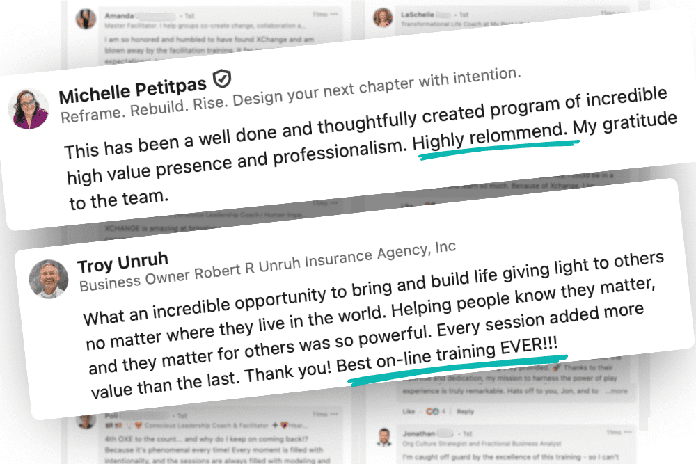 Two positive testimonial messages are shown. The first praises a well-done program with professionalism, highlighting "Highly recommend." The second calls it the “Best on-line training EVER!!!” and values the sessions.