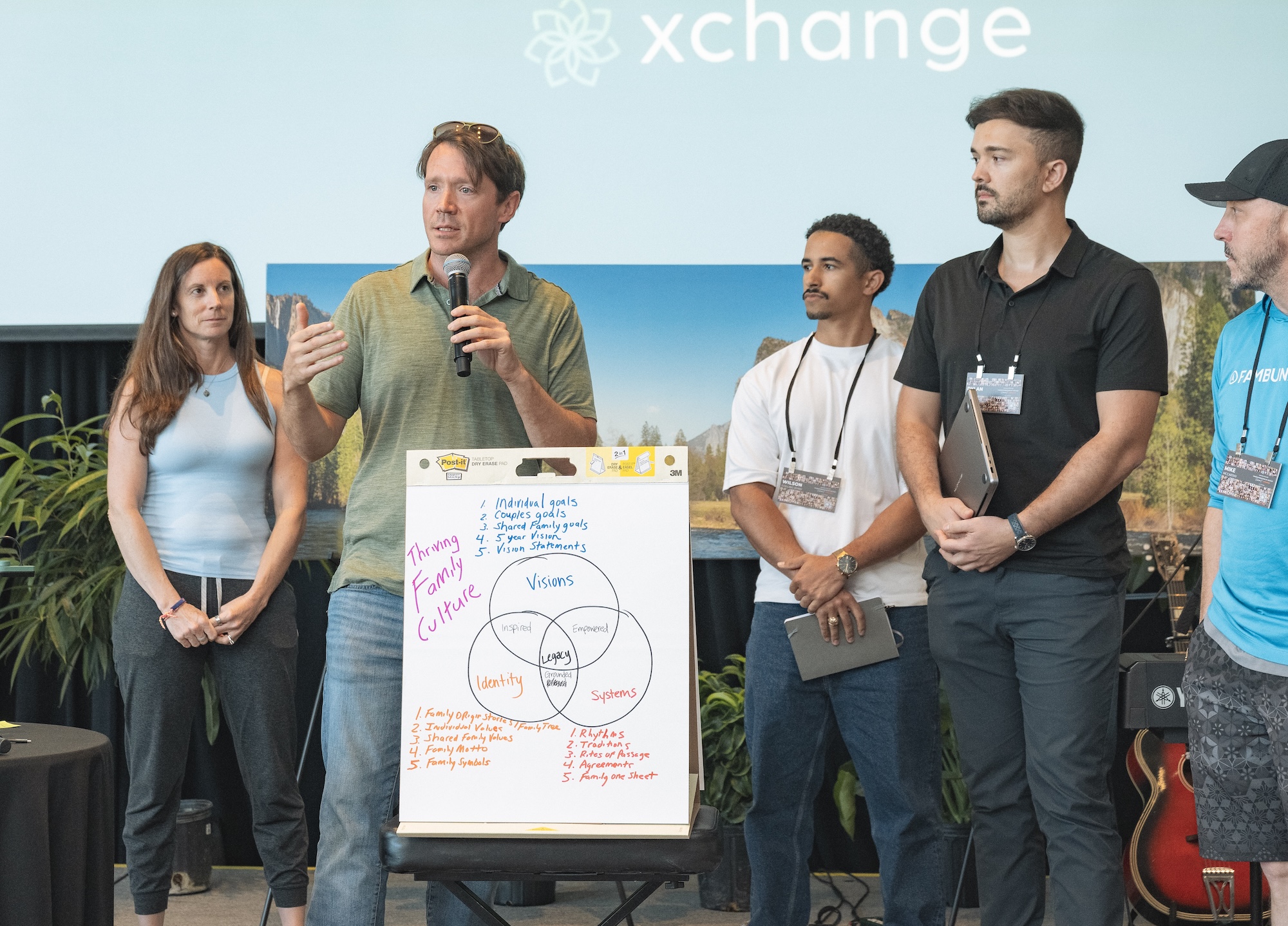 Five people stand indoors next to a large notepad showing a hand-drawn diagram labeled “Visions,” “Missions,” and “Values.” One person speaks into a microphone while others listen. A logo reading “xchange” is visible in the background.