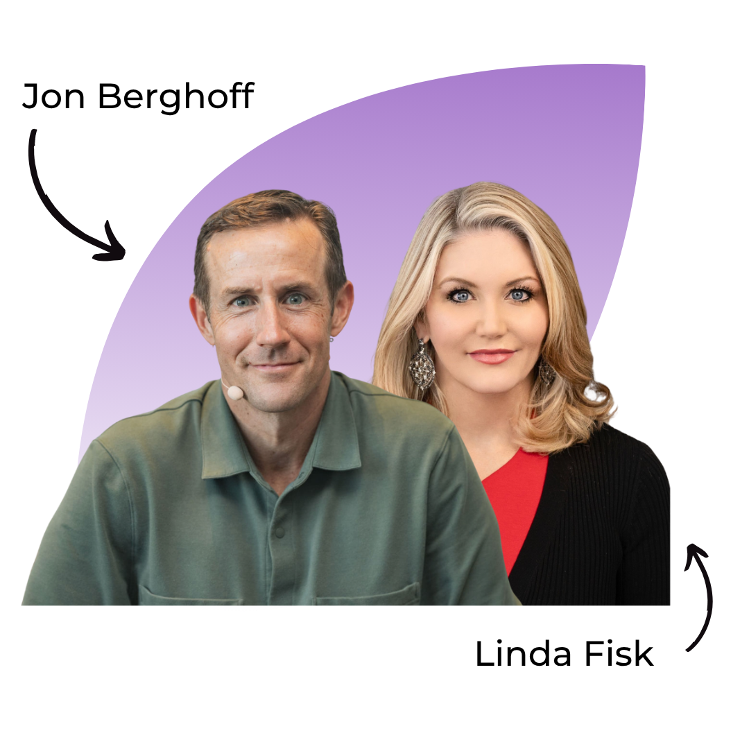 Two people are shown in front of a purple and white background. The man on the left is labeled "Jon Berghoff" and the woman on the right is labeled "Linda Fisk." Both are facing forward and looking at the camera.